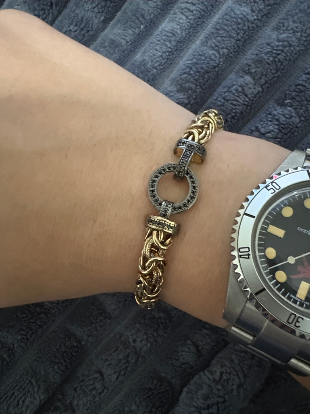 Gold over silver  Braided Byzantine , Circle clap Link Bracelet  diamond Accents